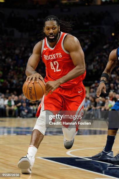 Nene Hilario of the Houston Rockets drives to the basket against the Minnesota Timberwolves in Game Four of Round One of the 2018 NBA Playoffs on...