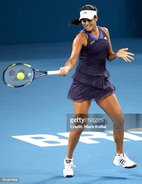 Ana Ivanovic of Serbia plays a forehand in her second round match against Timea Bacsinszky of Switzerland during day three of the Brisbane...