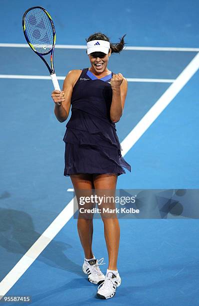 Ana Ivanovic of Serbia celebrates winning her second round match against Timea Bacsinszky of Switzerland during day three of the Brisbane...