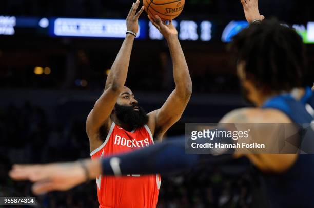 James Harden of the Houston Rockets shoots the ball against the Minnesota Timberwolves in Game Four of Round One of the 2018 NBA Playoffs on April...