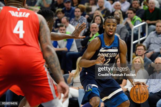 Andrew Wiggins of the Minnesota Timberwolves drives to the basket against the Houston Rockets in Game Four of Round One of the 2018 NBA Playoffs on...