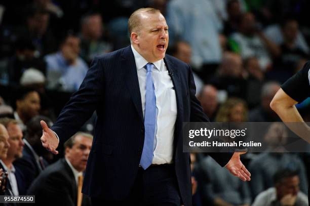 Head coach Tom Thibodeau of the Minnesota Timberwolves reacts to a call as his team plays against the Houston Rockets in Game Four of Round One of...