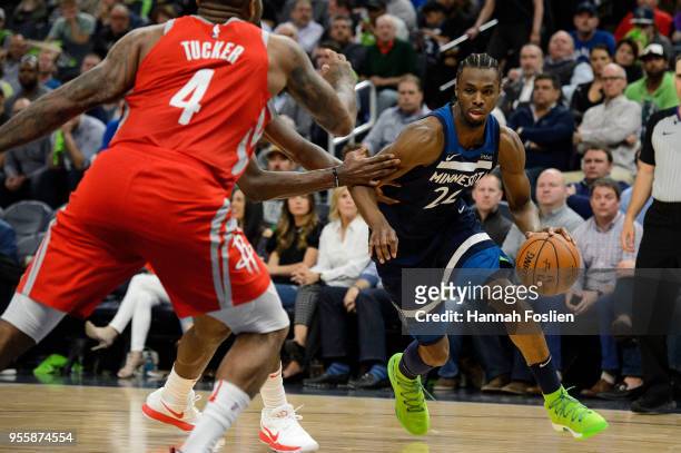Andrew Wiggins of the Minnesota Timberwolves drives to the basket against the Houston Rockets in Game Four of Round One of the 2018 NBA Playoffs on...