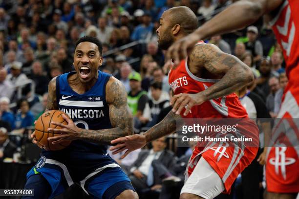 Jeff Teague of the Minnesota Timberwolves has the ball against PJ Tucker of the Houston Rockets in Game Four of Round One of the 2018 NBA Playoffs on...