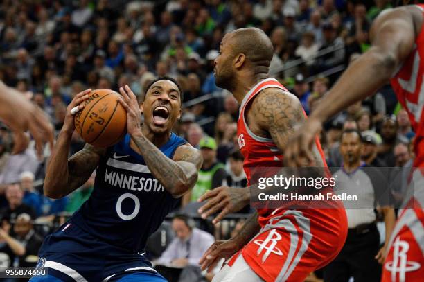 Jeff Teague of the Minnesota Timberwolves has the ball against PJ Tucker of the Houston Rockets in Game Four of Round One of the 2018 NBA Playoffs on...