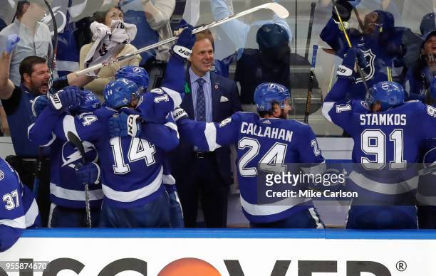 Head Coach Jon Cooper of the Tampa Bay Lightning against the Boston Bruins during Game Five of the Eastern Conference Second Round during the 2018...