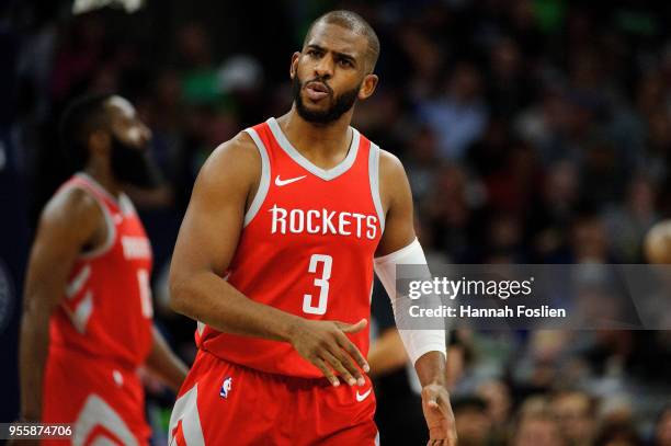 Chris Paul of the Houston Rockets reacts to a play against the Minnesota Timberwolves in Game Four of Round One of the 2018 NBA Playoffs on April 23,...