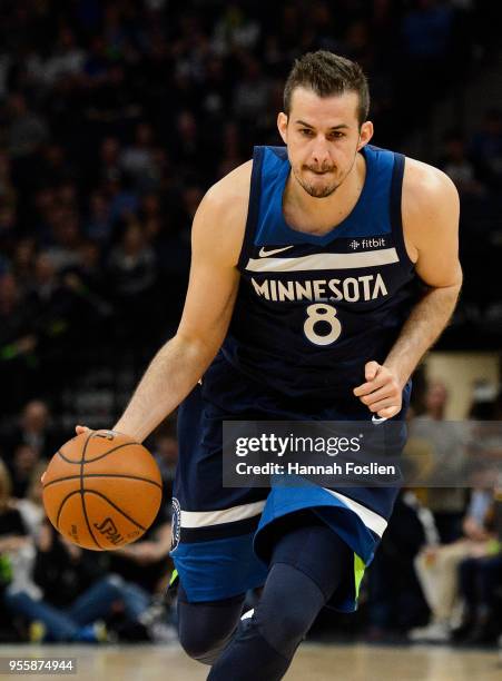 Nemanja Bjelica of the Minnesota Timberwolves dribbles the ball against the Houston Rockets in Game Four of Round One of the 2018 NBA Playoffs on...