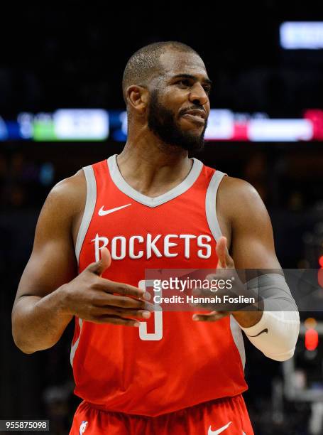 Chris Paul of the Houston Rockets reacts to a call in Game Four of Round One of the 2018 NBA Playoffs against the Minnesota Timberwolves on April 23,...