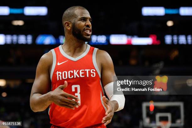 Chris Paul of the Houston Rockets reacts to a call in Game Four of Round One of the 2018 NBA Playoffs against the Minnesota Timberwolves on April 23,...