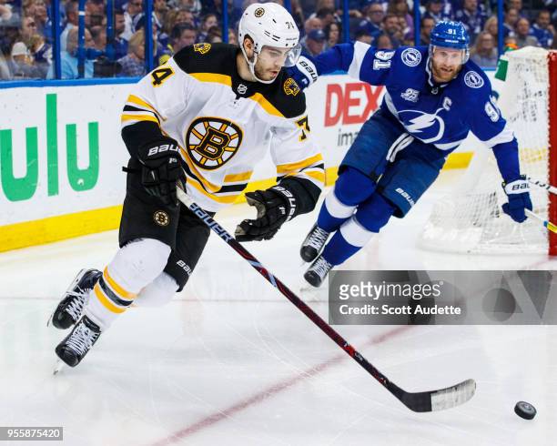Jake DeBrusk of the Boston Bruins against the Tampa Bay Lightning during Game Five of the Eastern Conference Second Round during the 2018 NHL Stanley...