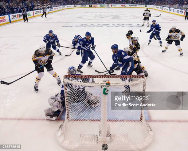 Andrei Vasilevskiy of the Tampa Bay Lightning against David Pastrnak of the Boston Bruins during Game Five of the Eastern Conference Second Round...