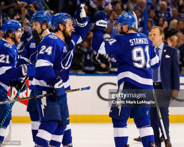 Ryan Callahan and Steven Stamkos of the Tampa Bay Lightning against the Boston Bruins during Game Five of the Eastern Conference Second Round during...