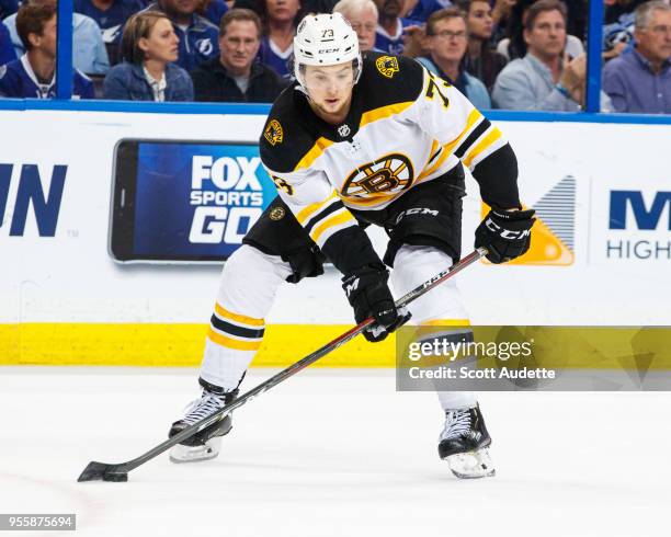 Charlie McAvoy of the Boston Bruins against the Tampa Bay Lightning during Game Five of the Eastern Conference Second Round during the 2018 NHL...