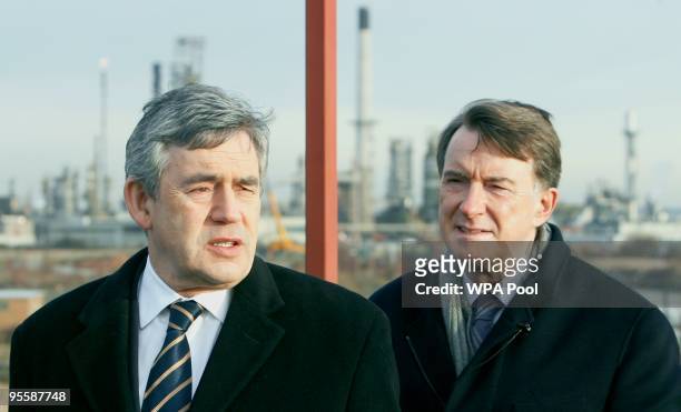 Britain's Prime Minister Gordon Brown and Business secretary Peter Mandelson visit DP World London Gateway port construction site at...