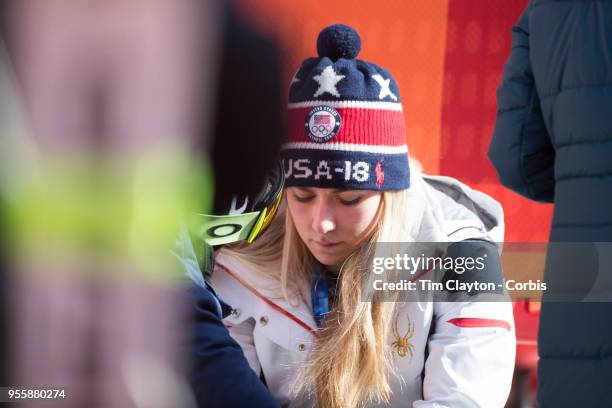 Mikaela Shiffrin of the United States after finishing out of the medals during the Alpine Skiing - Ladies' Slalom competition at Yongpyong Alpine...
