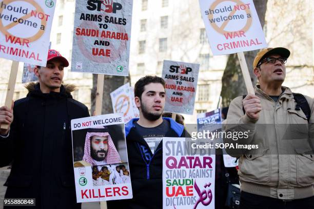 Demonstrators opposing the highly controversial three-day visit to the UK of Saudi Crown Prince Muhammad bin Salman attend a protest rally on...
