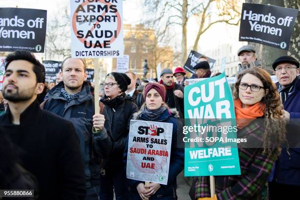 Demonstrators opposing the highly controversial three-day visit to the UK of Saudi Crown Prince Muhammad bin Salman attend a protest rally on...