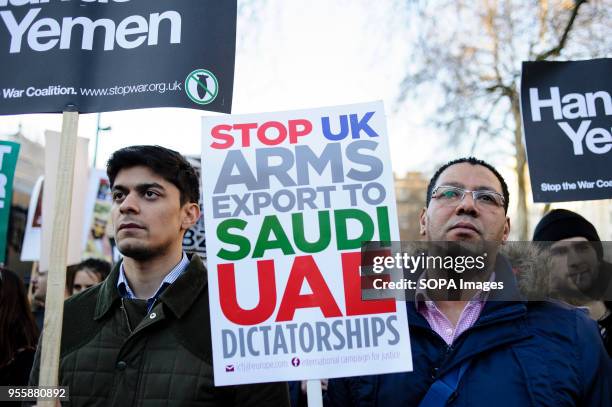 Demonstrators opposing the highly controversial three-day visit to the UK of Saudi Crown Prince Muhammad bin Salman attend a protest rally on...