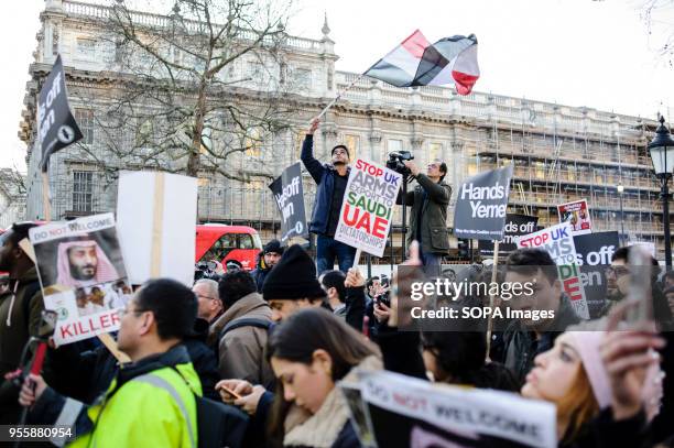 Demonstrators opposing the highly controversial three-day visit to the UK of Saudi Crown Prince Muhammad bin Salman attend a protest rally on...