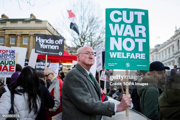 An anti-war demonstrator opposing the UK visit of Saudi Crown Prince Muhammad bin Salman, in the country on a highly controversial three-day trip,...