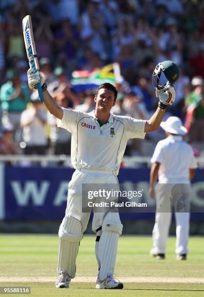 Graeme Smith of South Africa celebrates making a century during day three of the third test match between South Africa and England at Newlands...