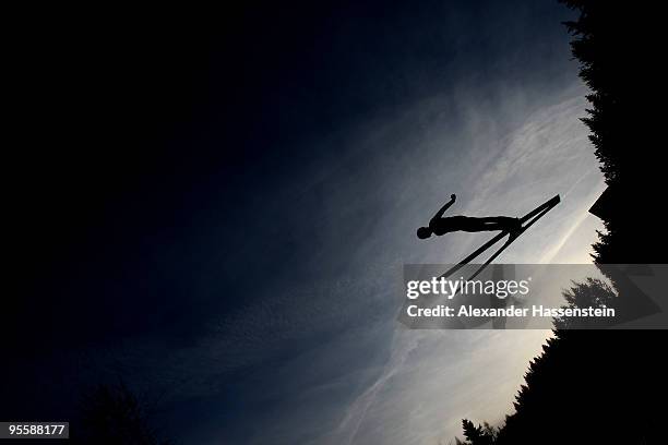 Nicholas Alexander of USA competes during trial round for the FIS Ski Jumping World Cup event of the 58th Four Hills ski jumping tournament on...