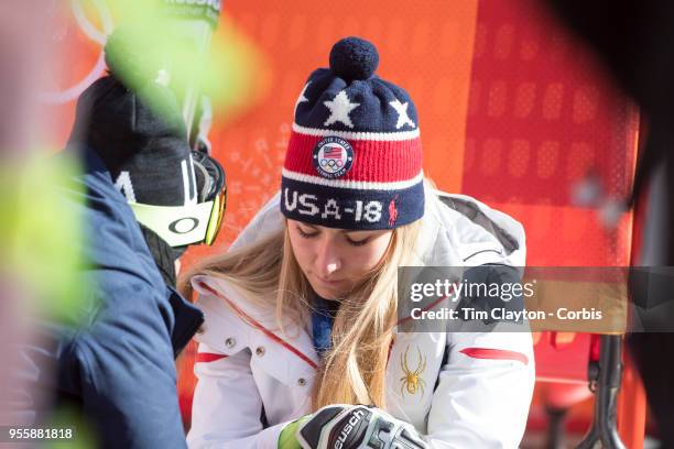 Mikaela Shiffrin of the United States after finishing out of the medals during the Alpine Skiing - Ladies' Slalom competition at Yongpyong Alpine...