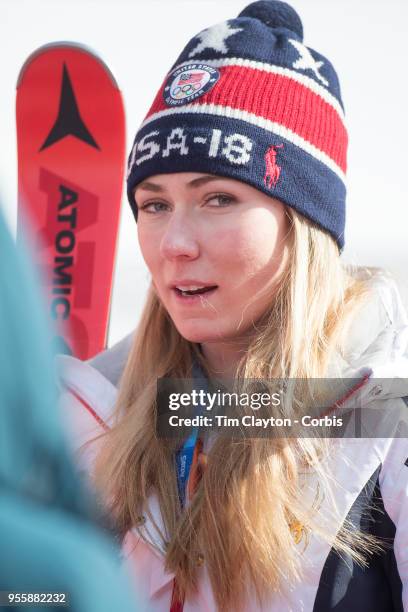Mikaela Shiffrin of the United States after the Alpine Skiing - Ladies' Slalom competition at Yongpyong Alpine Centre on February 16, 2018 in...