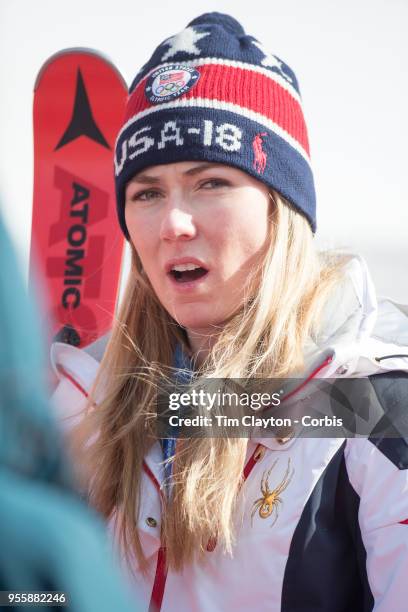 Mikaela Shiffrin of the United States after the Alpine Skiing - Ladies' Slalom competition at Yongpyong Alpine Centre on February 16, 2018 in...