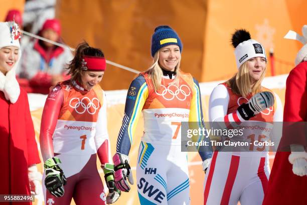 Frida Hansdotter of Sweden after winning the gold medal with silver medal winner Wendy Holdener of Switzerland and bronze medal winner Katharina...