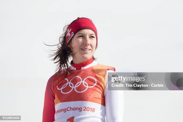 Silver medal winner Wendy Holdener of Switzerland on the podium during the Alpine Skiing - Ladies' Slalom competition at Yongpyong Alpine Centre on...