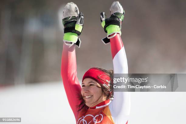 Silver medal winner Wendy Holdener of Switzerland celebrates on the podium during the Alpine Skiing - Ladies' Slalom competition at Yongpyong Alpine...