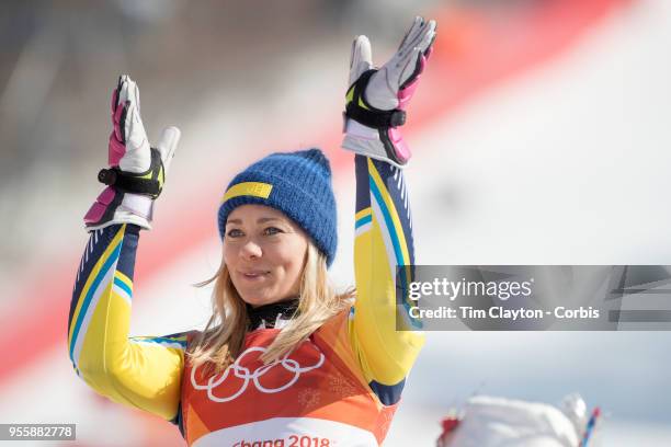 Frida Hansdotter of Sweden celebrates after winning the gold medal during the Alpine Skiing - Ladies' Slalom competition at Yongpyong Alpine Centre...