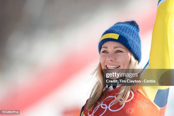 Frida Hansdotter of Sweden celebrates after winning the gold medal during the Alpine Skiing - Ladies' Slalom competition at Yongpyong Alpine Centre...