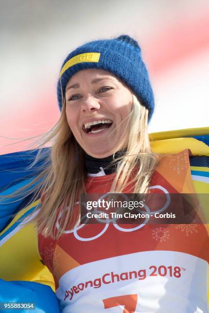 Frida Hansdotter of Sweden celebrates after winning the gold medal during the Alpine Skiing - Ladies' Slalom competition at Yongpyong Alpine Centre...