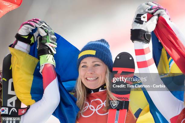 Frida Hansdotter of Sweden celebrates after winning the gold medal during the Alpine Skiing - Ladies' Slalom competition at Yongpyong Alpine Centre...