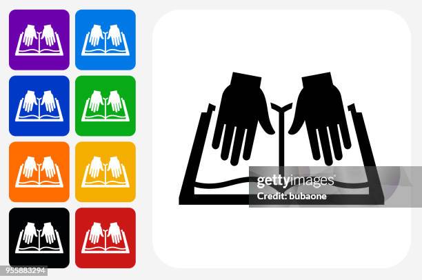 open book icon square button set - hand holding open book stock illustrations