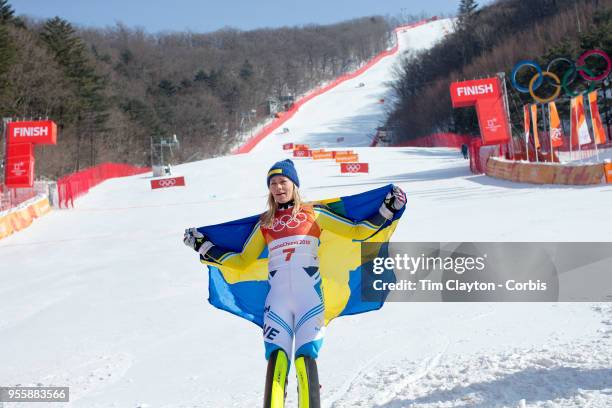 Frida Hansdotter of Sweden celebrates after winning the gold medal during the Alpine Skiing - Ladies' Slalom competition at Yongpyong Alpine Centre...