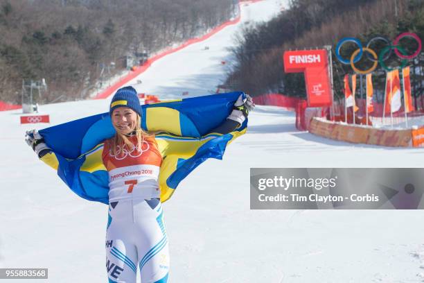 Frida Hansdotter of Sweden celebrates after winning the gold medal during the Alpine Skiing - Ladies' Slalom competition at Yongpyong Alpine Centre...