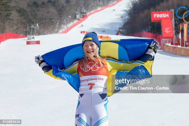 Frida Hansdotter of Sweden celebrates after winning the gold medal during the Alpine Skiing - Ladies' Slalom competition at Yongpyong Alpine Centre...