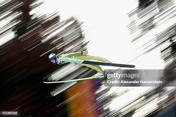 Thomas Morgenstern of Austria competes during trial round for the FIS Ski Jumping World Cup event of the 58th Four Hills ski jumping tournament on...