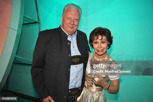 Edi Finger jun. And Edith Leyrer pose during the Pro Juventute Charity Fashion Show on May 7, 2018 in Vienna, Austria.