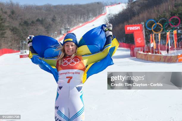 Frida Hansdotter of Sweden celebrates after winning the gold medal during the Alpine Skiing - Ladies' Slalom competition at Yongpyong Alpine Centre...