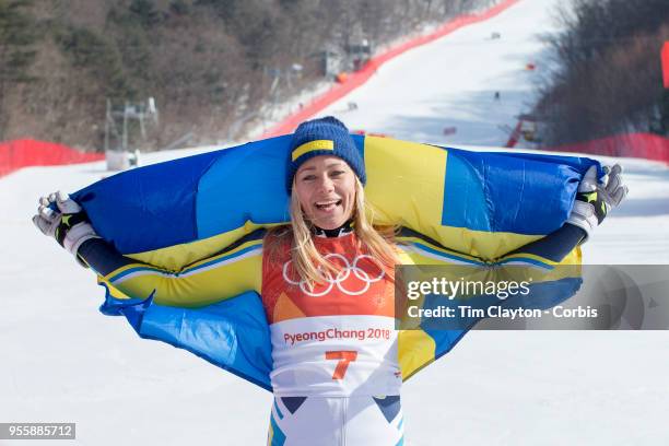 Frida Hansdotter of Sweden celebrates after winning the gold medal during the Alpine Skiing - Ladies' Slalom competition at Yongpyong Alpine Centre...