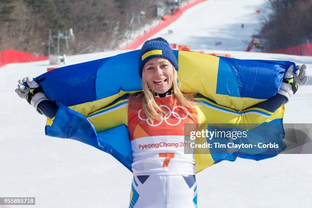 Frida Hansdotter of Sweden celebrates after winning the gold medal during the Alpine Skiing - Ladies' Slalom competition at Yongpyong Alpine Centre...
