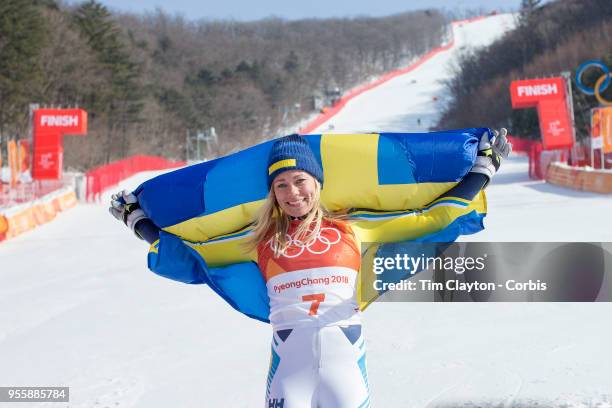 Frida Hansdotter of Sweden celebrates after winning the gold medal during the Alpine Skiing - Ladies' Slalom competition at Yongpyong Alpine Centre...