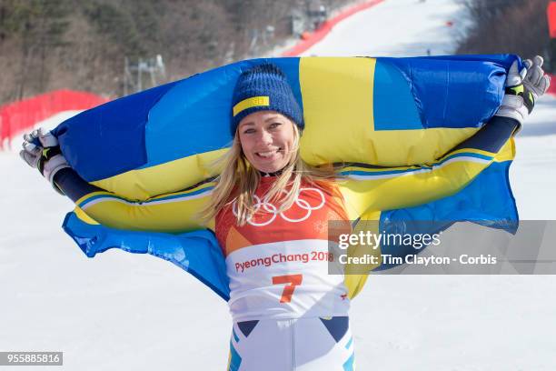 Frida Hansdotter of Sweden celebrates after winning the gold medal during the Alpine Skiing - Ladies' Slalom competition at Yongpyong Alpine Centre...