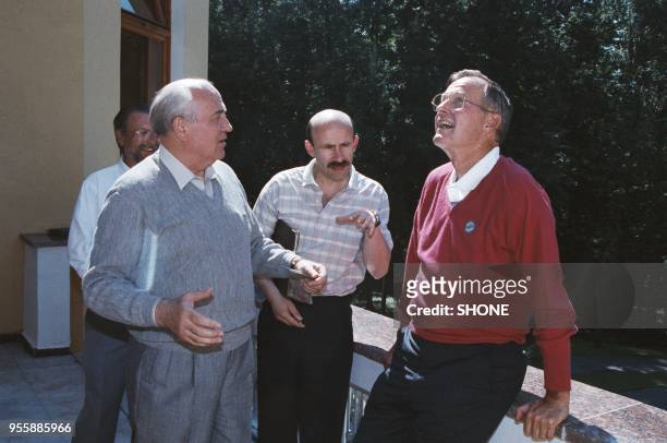 Soviet President Mikhail Gorbachev and US President George H. W. Bush during their summit meeting at the Novo-Ogaryovo estate, a Presidential...