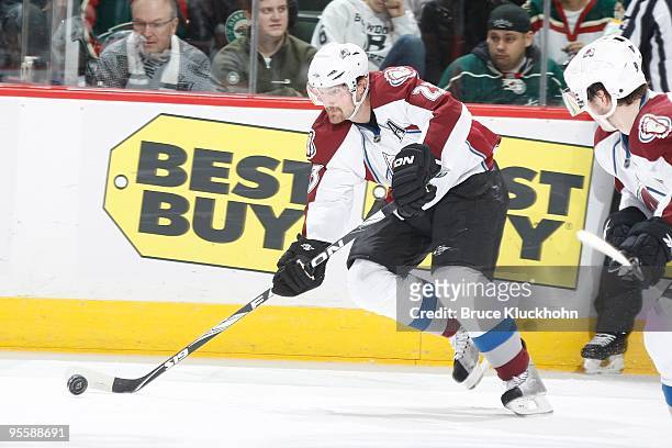 Milan Hejduk of the Colorado Avalanche skates with the puck against the Minnesota Wild during the game at the Xcel Energy Center on December 21, 2009...
